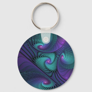 Purple Meets Turquoise Modern Abstract Fractal Art Key Ring