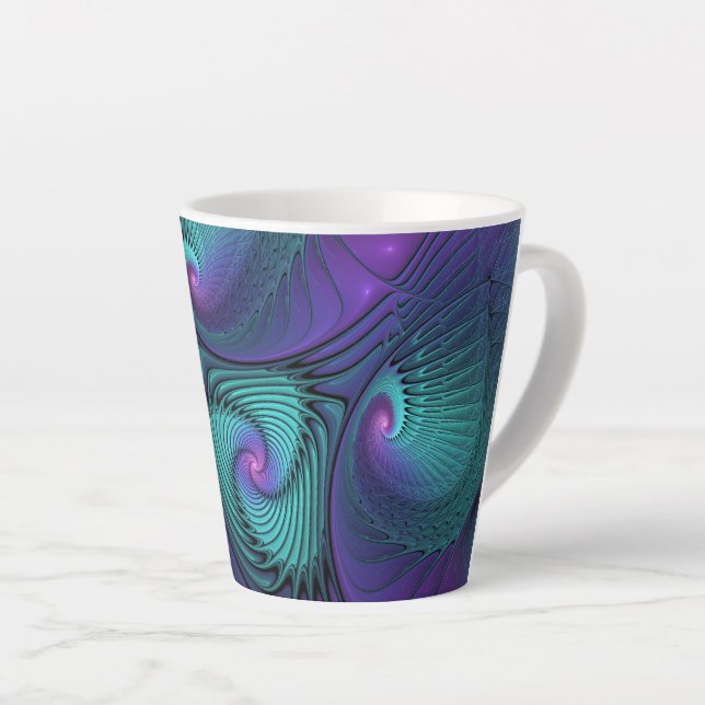 Purple Meets Turquoise Modern Abstract Fractal Art Latte Mug (Right Angle)