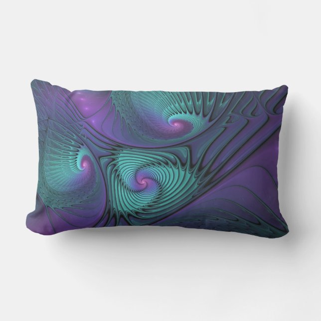 Purple Meets Turquoise Modern Abstract Fractal Art Lumbar Cushion (Front)