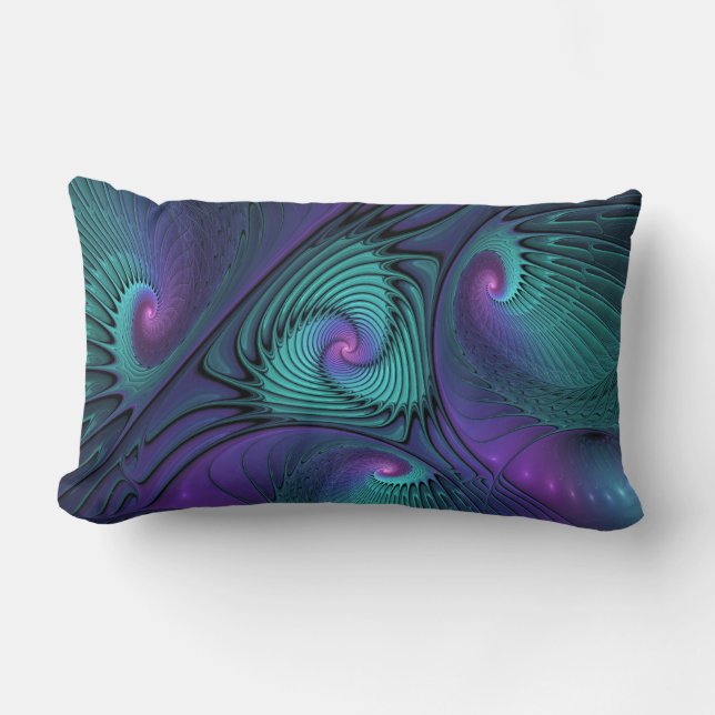 Purple meets Turquoise modern abstract Fractal Art Lumbar Cushion (Front)