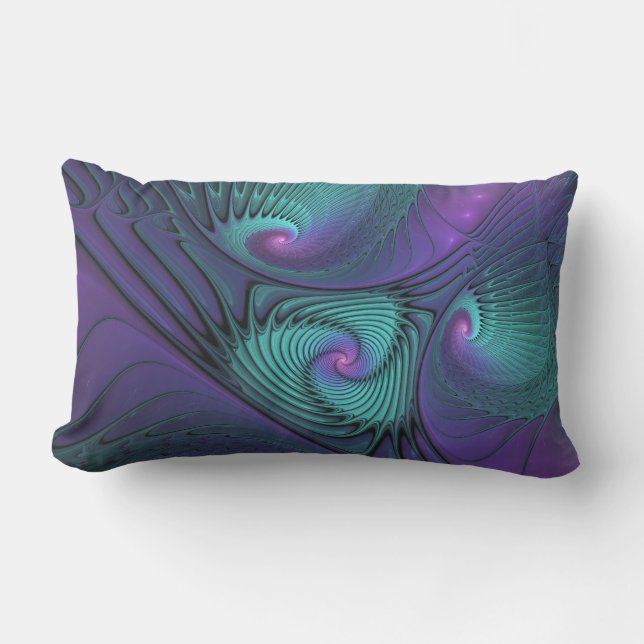 Purple Meets Turquoise Modern Abstract Fractal Art Lumbar Cushion (Front)