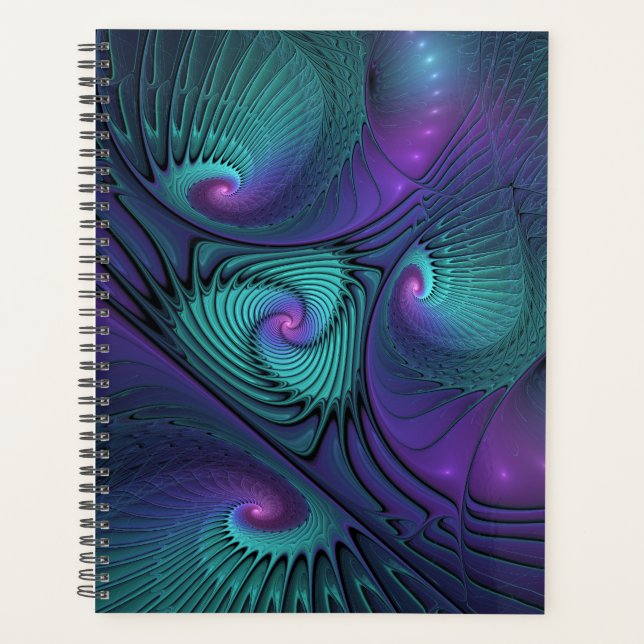 Purple Meets Turquoise Modern Abstract Fractal Art Planner (Front)