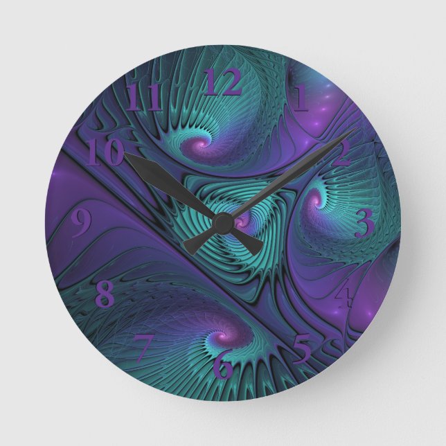 Purple Meets Turquoise Modern Abstract Fractal Art Round Clock (Front)