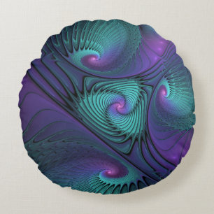 Purple meets Turquoise modern abstract Fractal Art Round Cushion