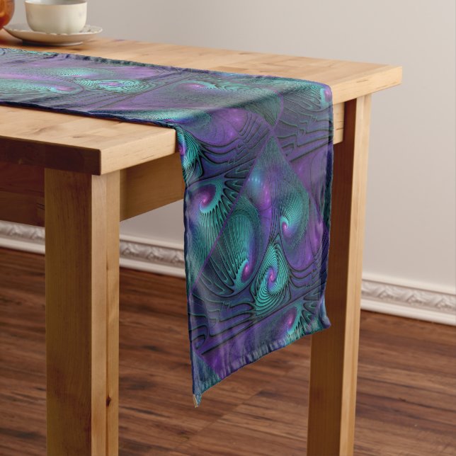 Purple meets Turquoise modern abstract Fractal Art Short Table Runner (In Situ)