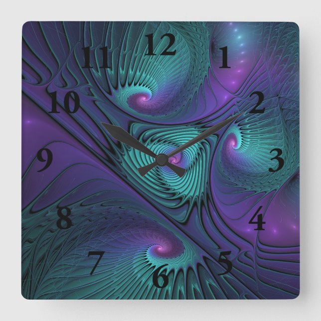 Purple meets Turquoise modern abstract Fractal Art Square Wall Clock (Front)