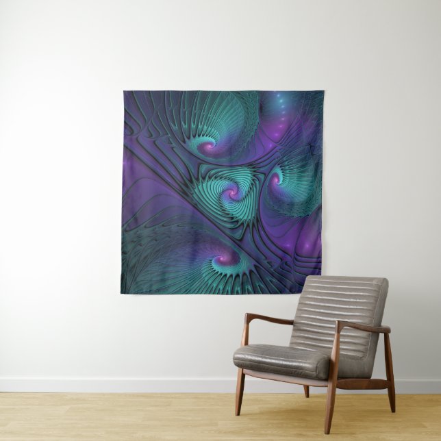 Purple meets Turquoise modern abstract Fractal Art Tapestry (In Situ)