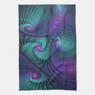 Purple meets Turquoise modern abstract Fractal Art Tea Towel