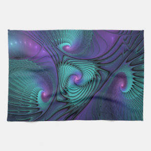 Purple meets Turquoise modern abstract Fractal Art Tea Towel