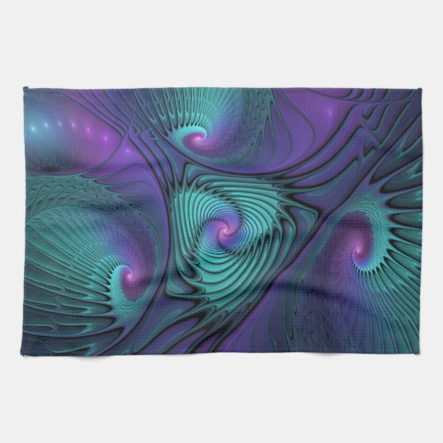 Purple meets Turquoise modern abstract Fractal Art Tea Towel (Horizontal)