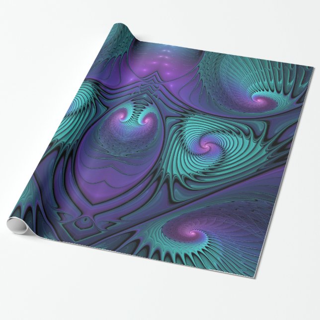 Purple meets Turquoise modern abstract Fractal Art Wrapping Paper (Unrolled)