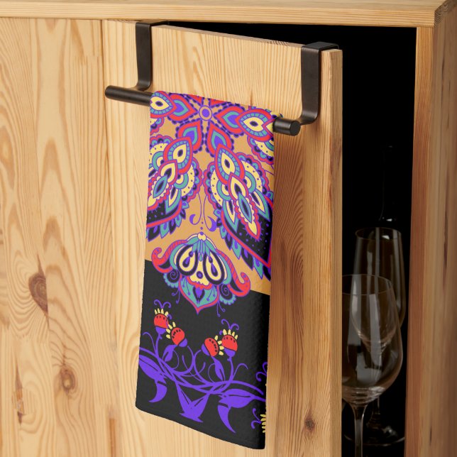 Purple Mehndi Floral Artwork, Violet Nature Tea Towel (Thirds Fold)