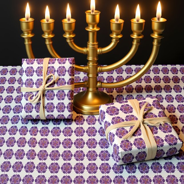 Purple Menorah on white background Wrapping Paper (Purple Menorah on white background Wrapping Paper)