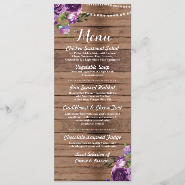 Purple Menu Wedding Reception Wood Flowers (Front)