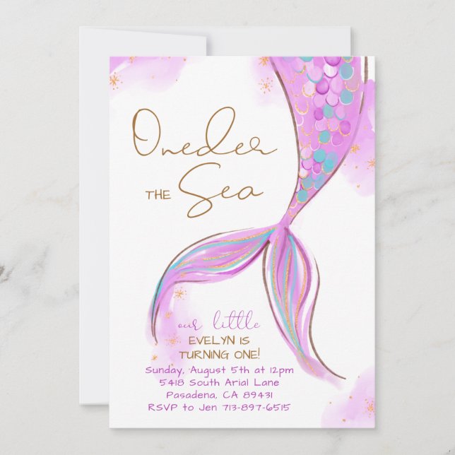 Purple Mermaid 1st Birthday Party ONEder The Sea Invitation (Front)