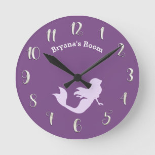 Purple Mermaid Bedroom Personalised Custom Name Round Clock