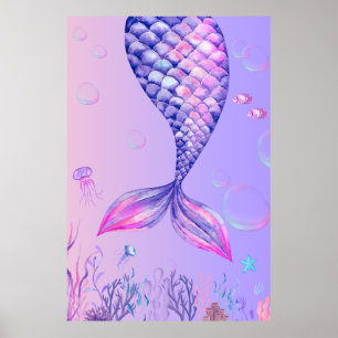 Purple Mermaid Bedroom Wall Art Poster