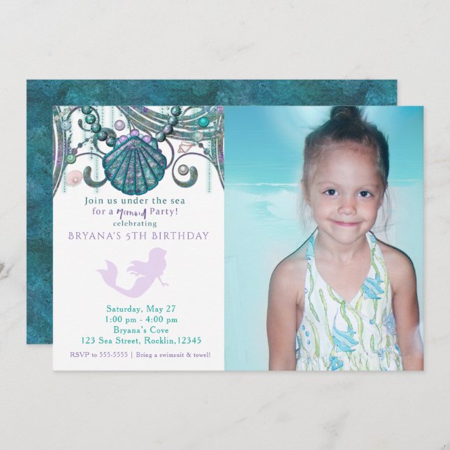 Purple Mermaid Birthday Party Photo Invitations (Front/Back)