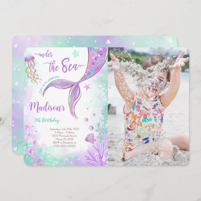 Purple Mermaid Birthday Photo Invitation (Front/Back)