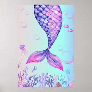 Purple Mermaid Blue Sea Bedroom Wall Art Poster