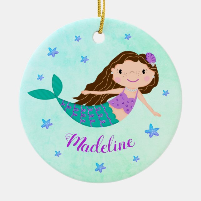 Purple Mermaid Christmas Personalised Name Ceramic Ornament (Front)