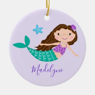 Purple Mermaid Christmas Script Name Ceramic Ornament