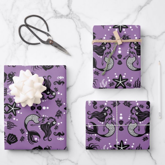 Purple Mermaid Fantasy Wrapping Paper Sheet (Front)