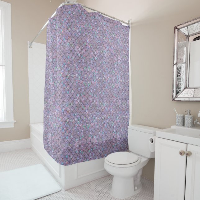 Purple Mermaid Fish Scales Holographic Elegant Shower Curtain (In Situ)