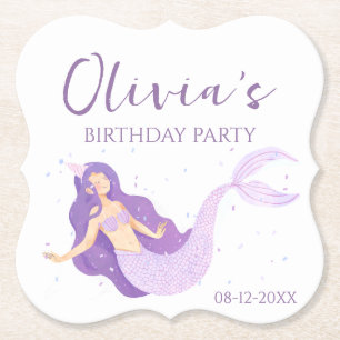 Purple Mermaid Girls Personalized Birthday  Paper Coaster