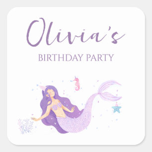 Purple Mermaid Girls Personalized Birthday Square Sticker