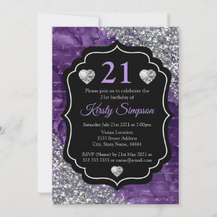 Purple Mermaid Handwriting Letters Silver Glitter Invitation
