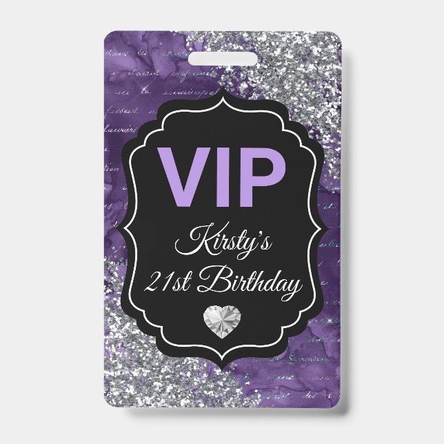 Purple Mermaid Letters Silver Glitter Birthday VIP ID Badge (Front)