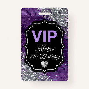 Purple Mermaid Letters Silver Glitter Birthday VIP ID Badge