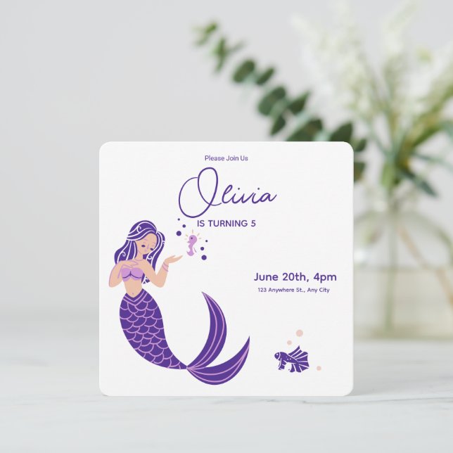 Purple Mermaid Minimalist Birthday Invitation (Standing Front)