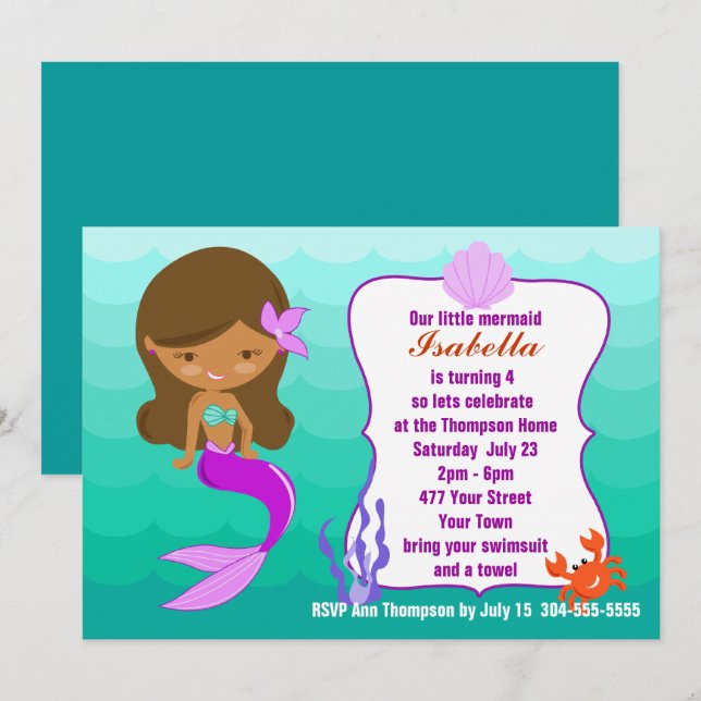 Purple Mermaid Pool Party Invitation (Front/Back)