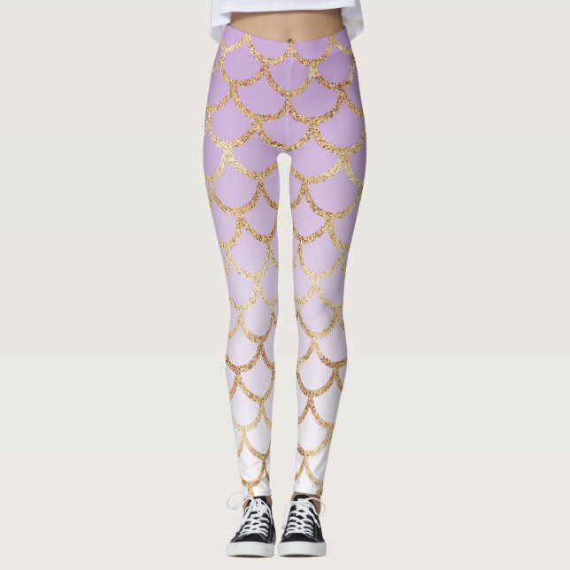 Purple mermaid scales gold glitter gradient leggings (Front)