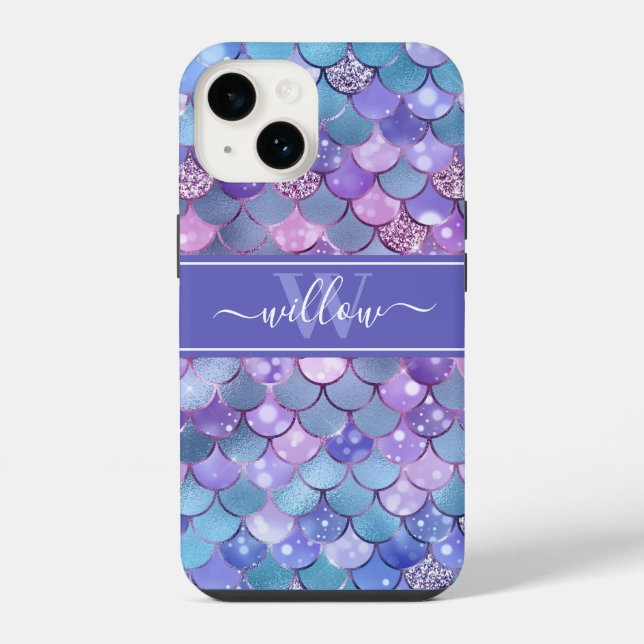 Purple Mermaid Scales Pattern Name Monogram iPhone Case (Back)