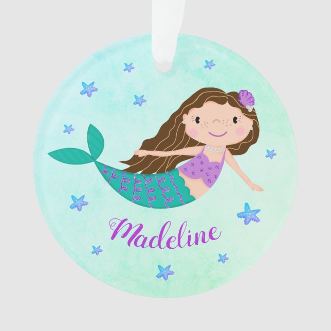 Purple Mermaid Script Name Aqua Ornament (Front)