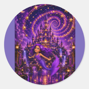 Purple Mermaid Star Spiral Fantasy Castle Art   Ma Classic Round Sticker
