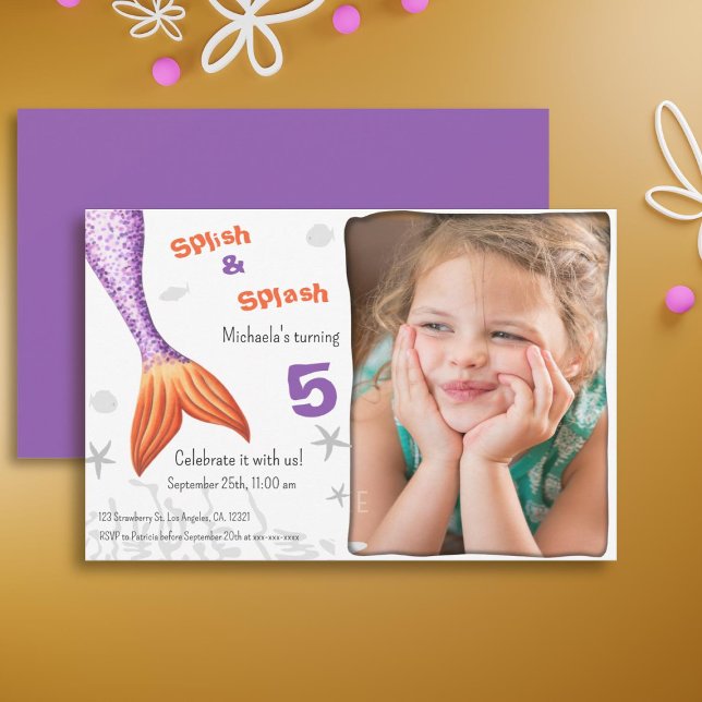 Purple Mermaid Tail Splash Summer Girl Birthday Invitation (Purple Mermaid Tail Splash Summer Girl Birthday Invitation)