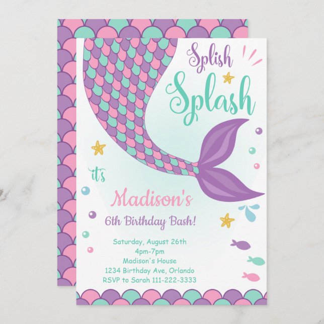 Purple Mermaid Tail Under the Sea Birthday Invite (Front/Back)