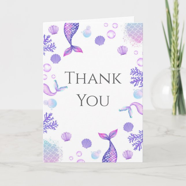 Purple Mermaid Themed Birthday Party Thank You Card (Front)
