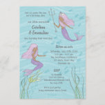 Purple Mermaid Twins or Sisters Birthday Invitation<br><div class="desc">Purple mermaid twins (or sisters!) on a wavy aqua blue background decorate the front of this whimsical birthday invitation. On the back find a cute purple jellyfish and room for a photo and personalisation. This sweet design will delight mermaid fans of all ages and can be used for twin or...</div>