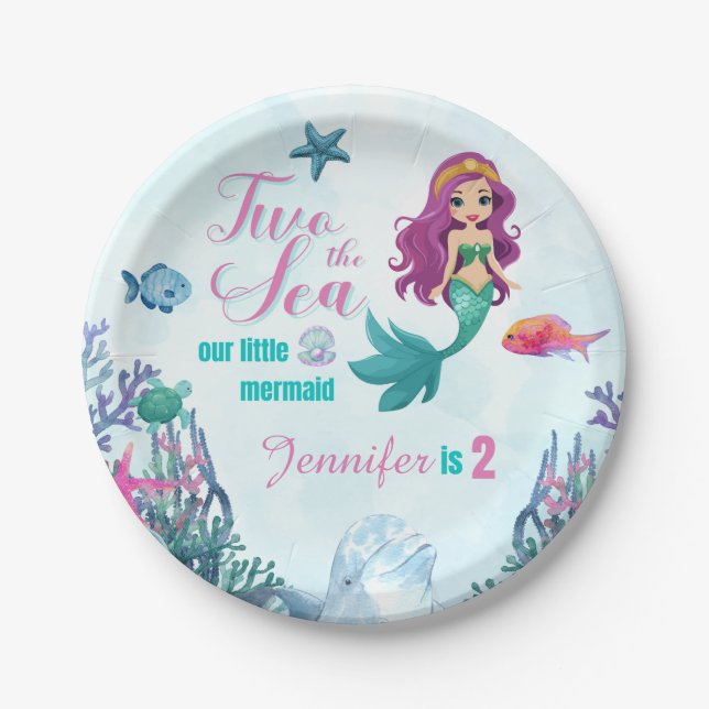 Purple Mermaid Two the Sea Girls 2nd Birthday Paper Plate (Front)