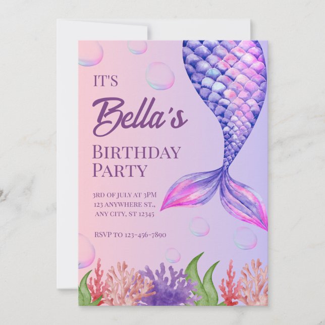 Purple Mermaid Under the Sea Birthday Invitation (Front)