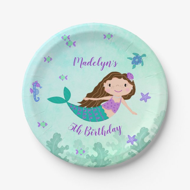 Purple Mermaid Under The Sea Birthday Paper Plate (Front)