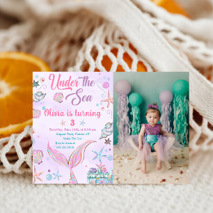 Purple Mermaid Under The Sea Birthday Photo Invitation