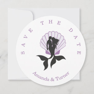 Purple Mermaids Couple on to Seashell Design Save The Date