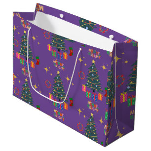 Purple Merry And Bright Christmas Trees Presents Large Gift Bag