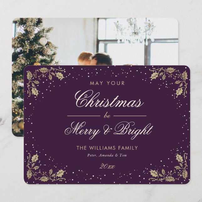 Purple Merry and Bright Snow Holly Photo Christmas Holiday Card (Front/Back)